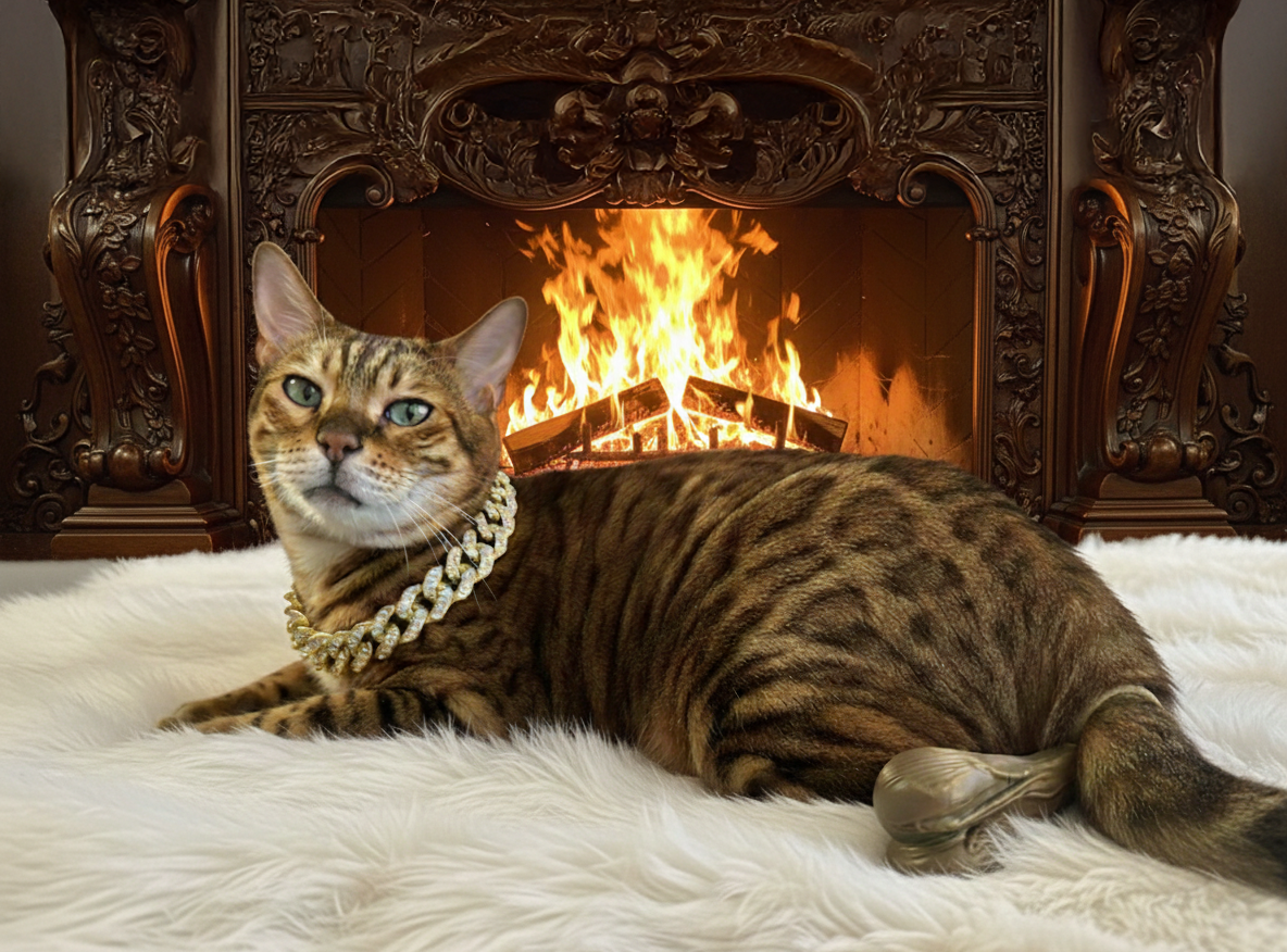 A majestic Bengal cat by the fireplace wearing Truck Nuts for Cats